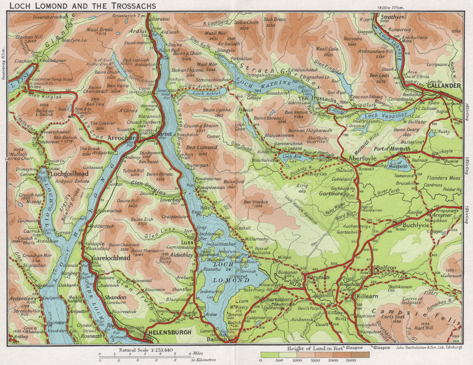 LOCH LOMOND & THE TROSSACHS. Vintage map. Helensburgh Callander Scotland 1967